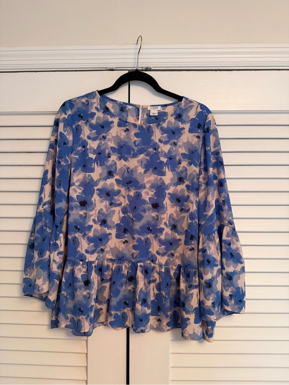 J. Crew Blue and Cream Floral Ruffle-Hem Blouse